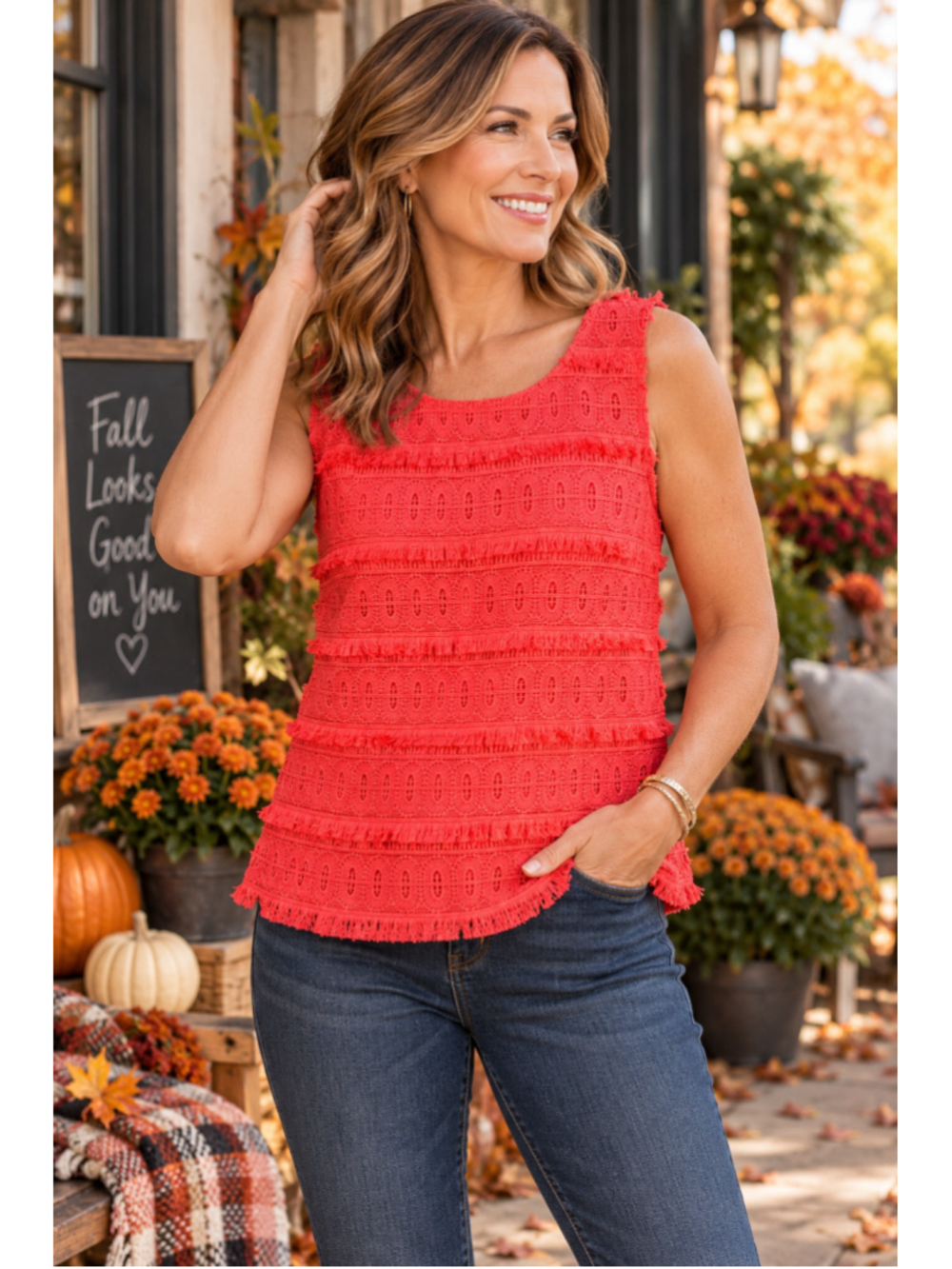 Women's Talbots Red Sleeveless Eyelet Fringe Blouse Size 8